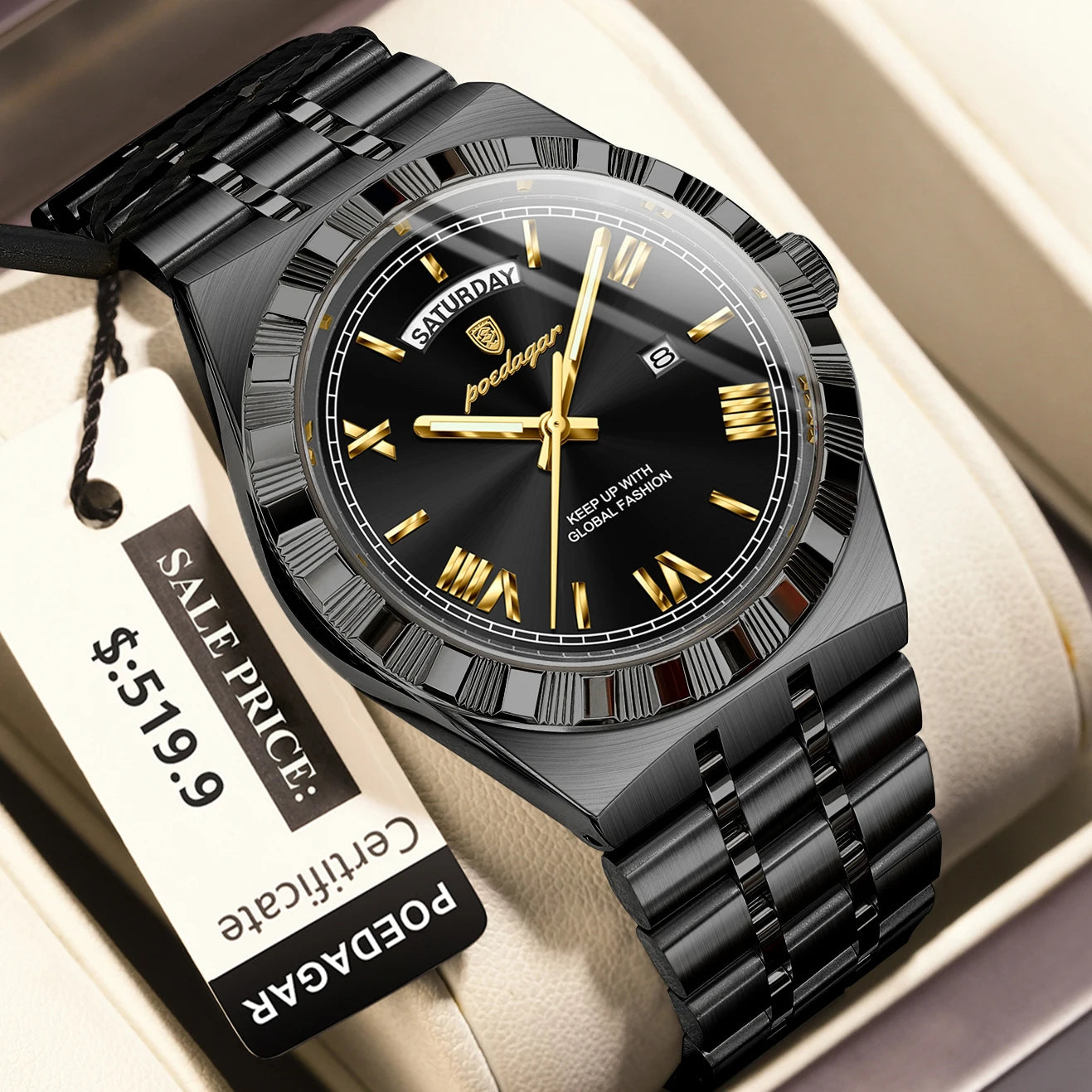 POEDAGAR Luxury Business Man Watch Week Date Waterproof Luminous Watches For Men Stainless Steel Quartz Men's Fashion Wristwatch