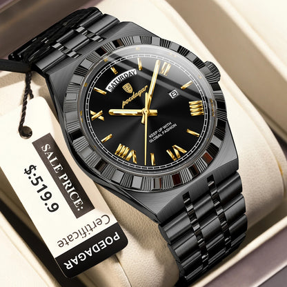 POEDAGAR Luxury Business Man Watch Week Date Waterproof Luminous Watches For Men Stainless Steel Quartz Men's Fashion Wristwatch