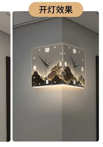 Nordic LED Double-Sided Corner Wall Clock | No-Drill Hanging Clock with Mural Lamp for Modern Living Room Decor