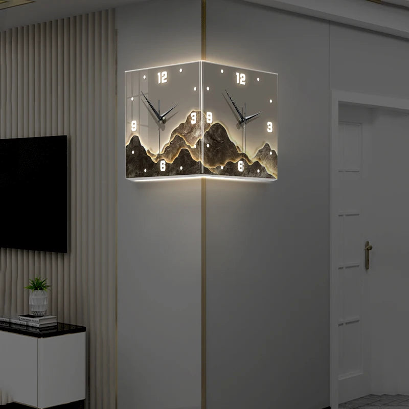 Nordic LED Double-Sided Corner Wall Clock | No-Drill Hanging Clock with Mural Lamp for Modern Living Room Decor