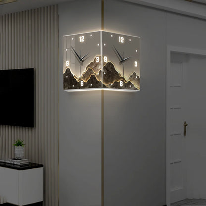 Nordic LED Double-Sided Corner Wall Clock | No-Drill Hanging Clock with Mural Lamp for Modern Living Room Decor