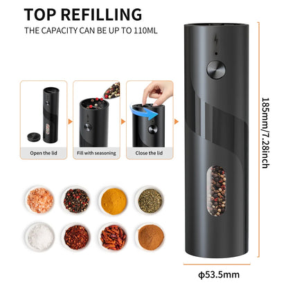 2Pcs/Set USB Rechargeable Automatic Pepper Grinder Salt And Pepper Mill Adjustable Coarseness Spice Grinder with LED for Kitchen