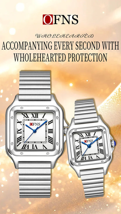 OFNS 2025 New 1516 Square Couple Quartz Watch 3ATM Waterproof Mineral Glass Roman Scale Simple Fashion Watch for Men and Women