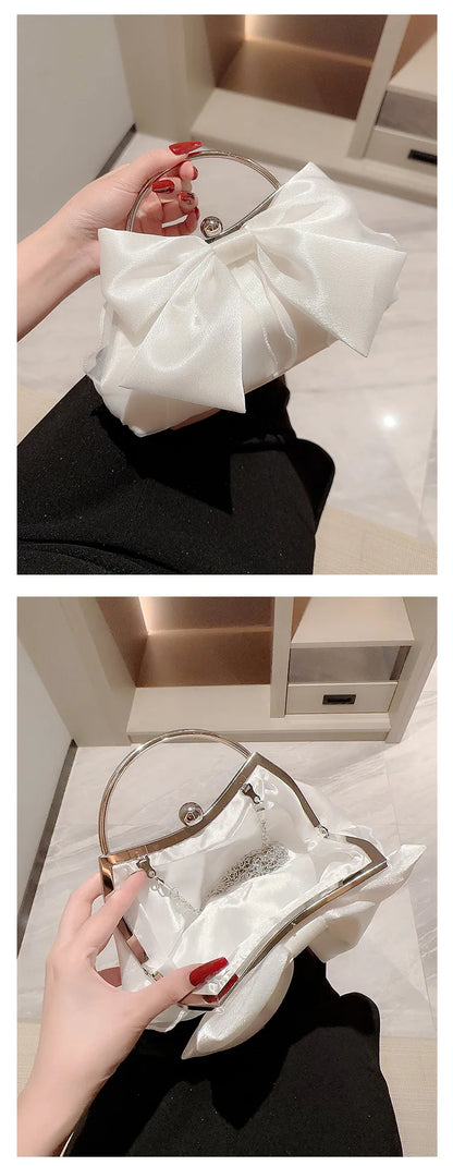 White Satin Bow Fairy Evening Bags Clutch Metal Handle Handbags for Women Wedding Party Bridal Clutches Purse Chain Shoulder Bag