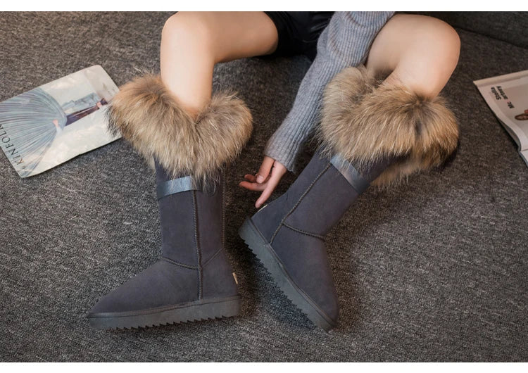 Winter Natural Fox Fur Long Boots Winter Fur Black Genuine Leather Snow Boots Knee- High Boots Waterproof Flat Raccoon Fur Boot