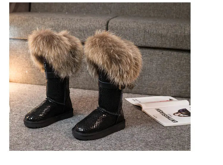 Winter Natural Fox Fur Long Boots Winter Fur Black Genuine Leather Snow Boots Knee- High Boots Waterproof Flat Raccoon Fur Boot