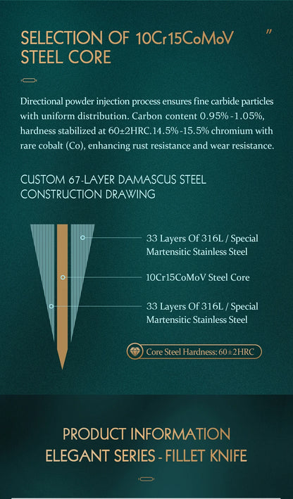 HEZHEN 7.3 Inch Fillet Knife 10Cr15CoMoV Steel Core Damascus Steel Kitchen Knife Cooking Cutlery Kitchen Tools Filleting Knife