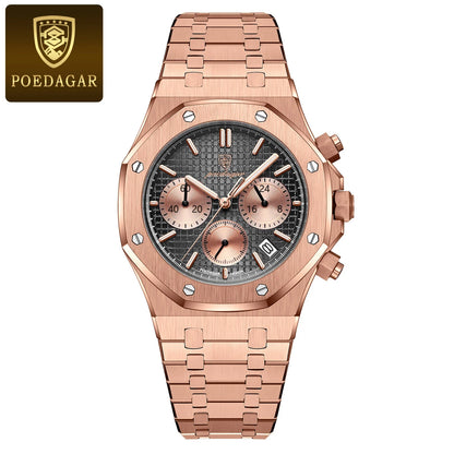 POEDAGAR Original Luxury Men's Watches Date Chronograph Stainless Steel Quartz Watch Waterproof Luminous Fashion Man Wristwatch