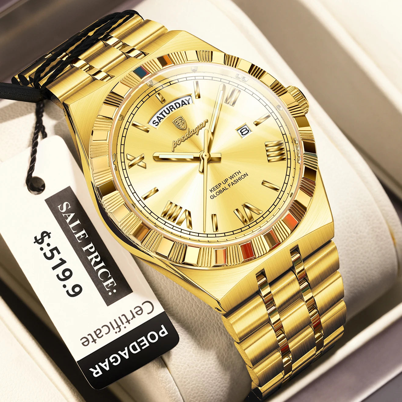 POEDAGAR Luxury Business Man Watch Week Date Waterproof Luminous Watches For Men Stainless Steel Quartz Men's Fashion Wristwatch