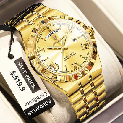 POEDAGAR Luxury Business Man Watch Week Date Waterproof Luminous Watches For Men Stainless Steel Quartz Men's Fashion Wristwatch