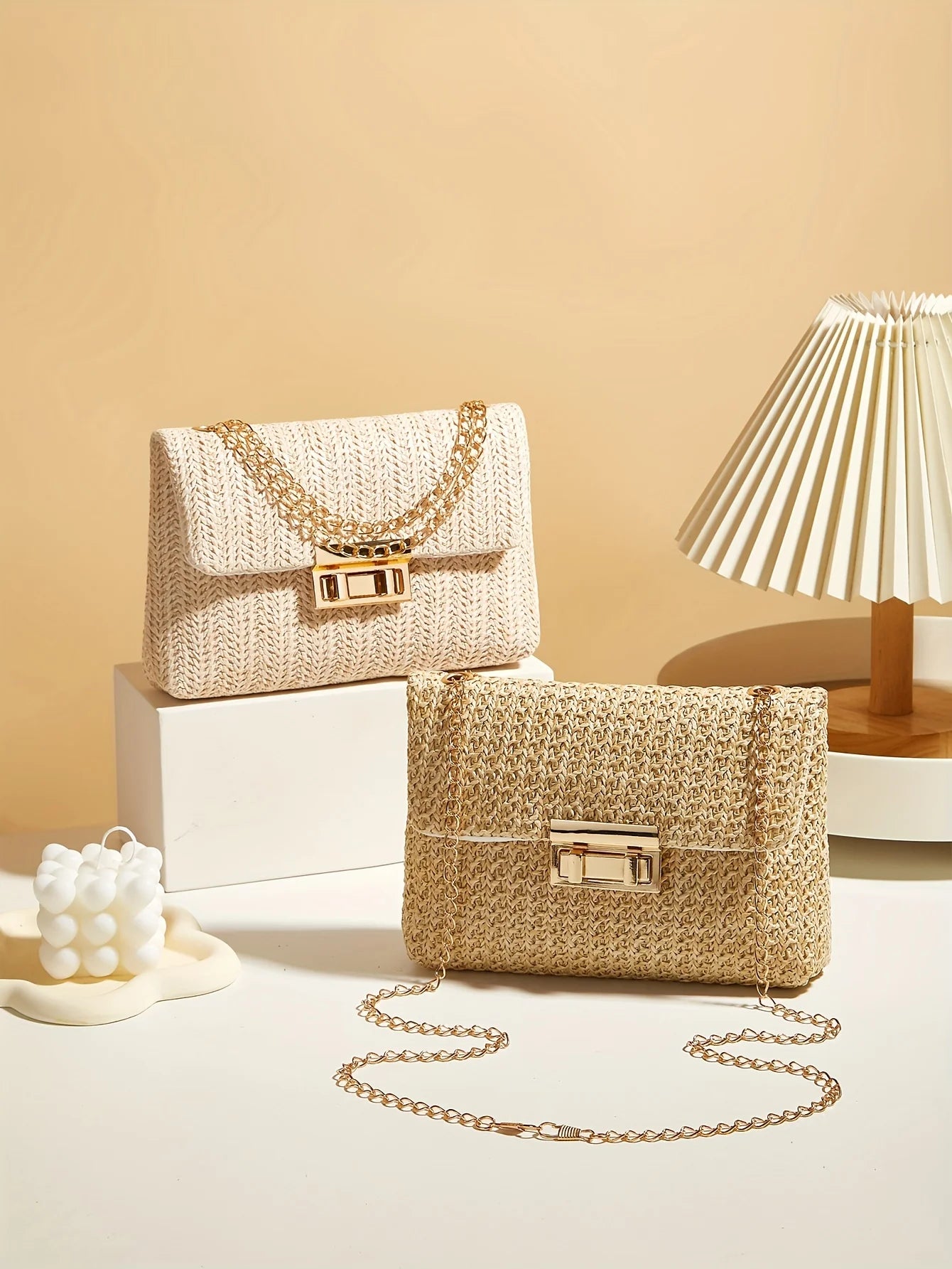 Woven Straw Handwoven Women's Shoulder Bag, Fashion Solid Color Crossbody Purse with Lock Closure