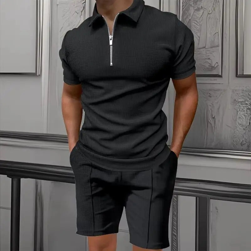 Men's Comfortable Short-Sleeved Waffle Polo Shirt And Shorts Set - Breathable Lightweight Spring/Summer Clothing