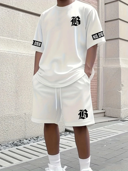 The 2025 summer new men's suit features a casual and fashionable T-shirt with a letter print pattern, short sleeves and shorts,
