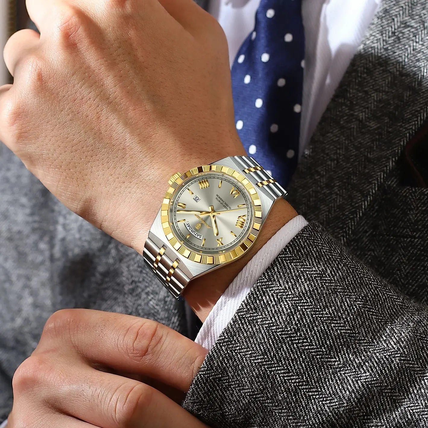 POEDAGAR Luxury Business Man Watch Week Date Waterproof Luminous Watches For Men Stainless Steel Quartz Men's Fashion Wristwatch