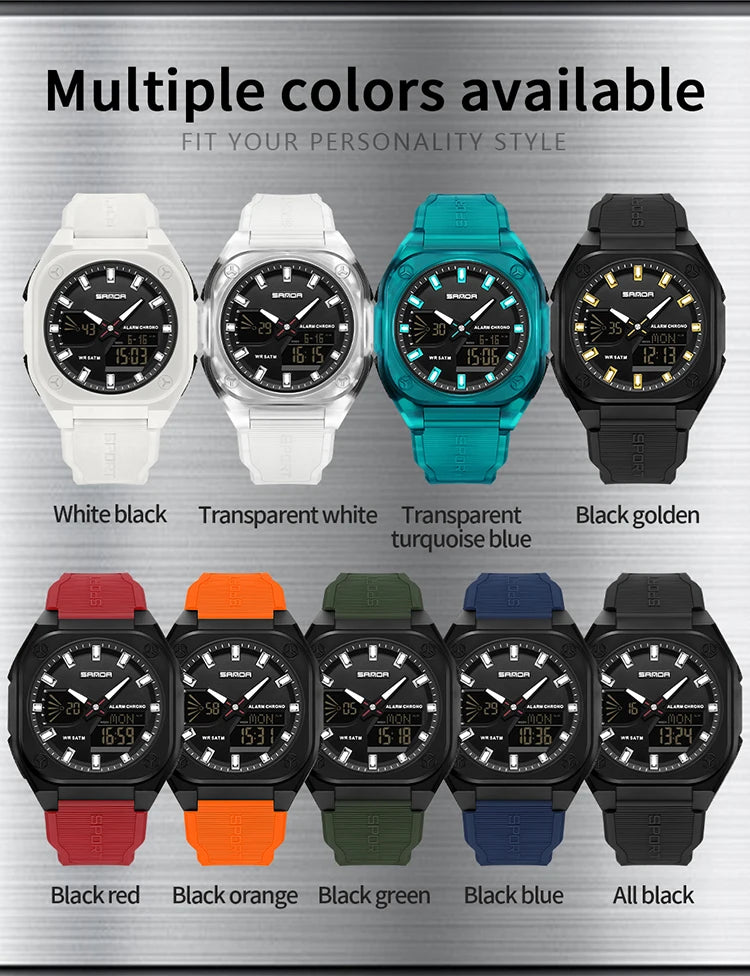 SANDA Quartz Watches for Men's Luxury Military Sport Chronograph Waterproof LED Dual Display Electronic Man Watches Reloj Hombre