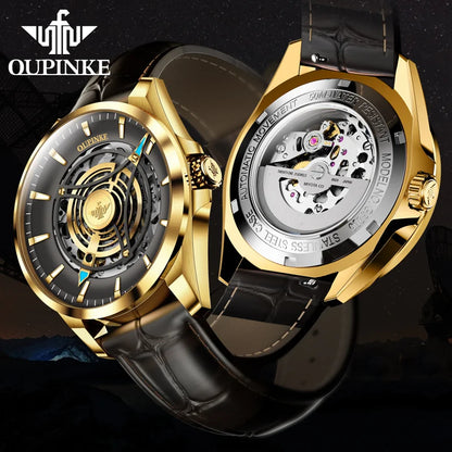 OUPINKE 3206 Automatic Mechanical Watch for Men Hollow 40mm Dial Original Hand Clock Synthetic Sapphire Mirror Leather Man Watch