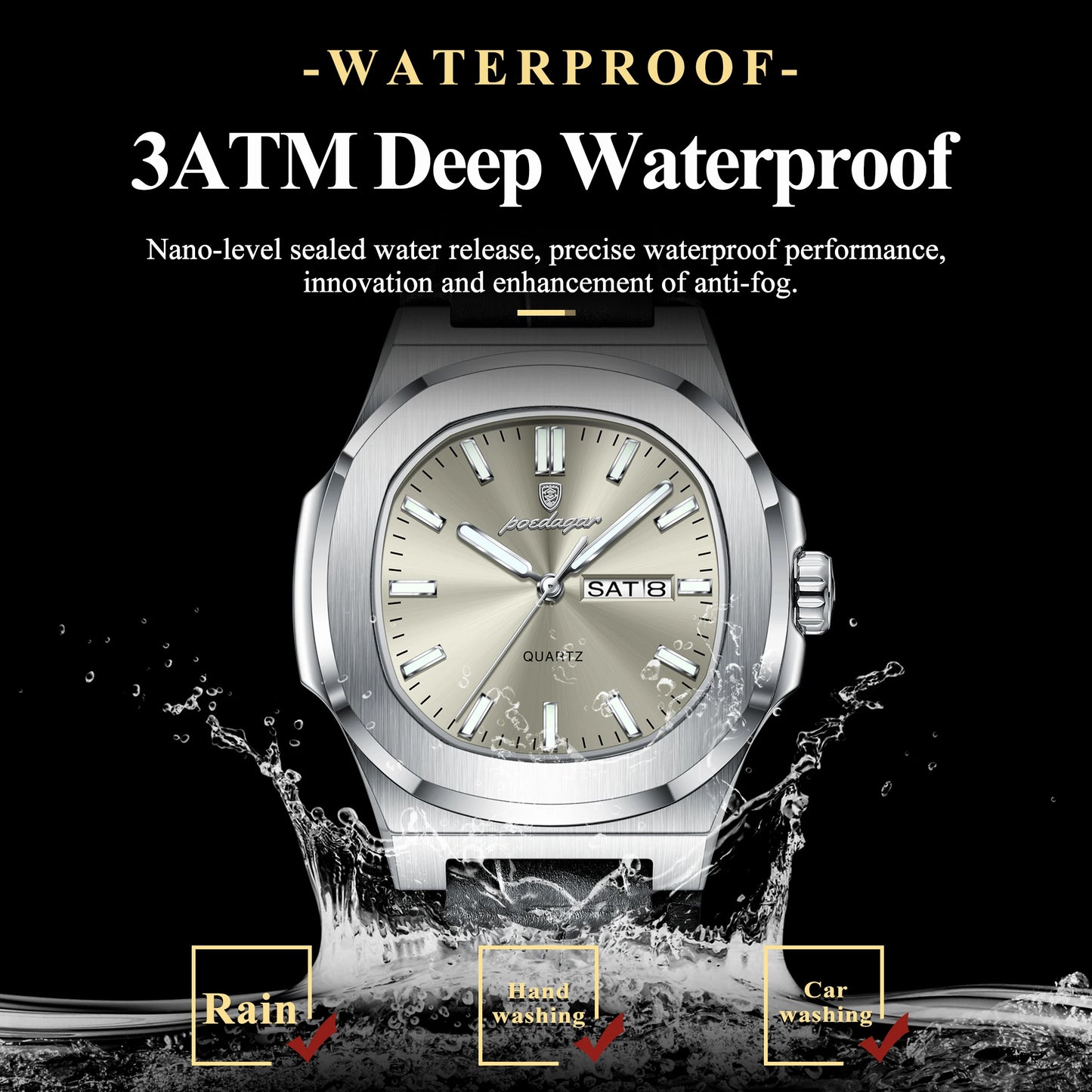 POEDAGAR High Quality Watch For Men Luxury Luminous Waterproof Week Calendar Man Clock Leather Square Men's Quartz Watches Reloj