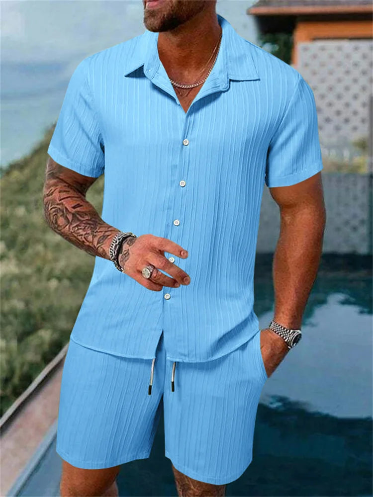 Hot autumn men's striped casual fashion suit shirt and shorts, beach casual suit autumn street wear