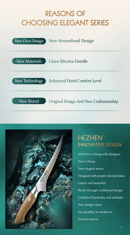 HEZHEN 7.3 Inch Fillet Knife 10Cr15CoMoV Steel Core Damascus Steel Kitchen Knife Cooking Cutlery Kitchen Tools Filleting Knife
