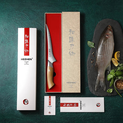 HEZHEN 7.3 Inch Fillet Knife 10Cr15CoMoV Steel Core Damascus Steel Kitchen Knife Cooking Cutlery Kitchen Tools Filleting Knife