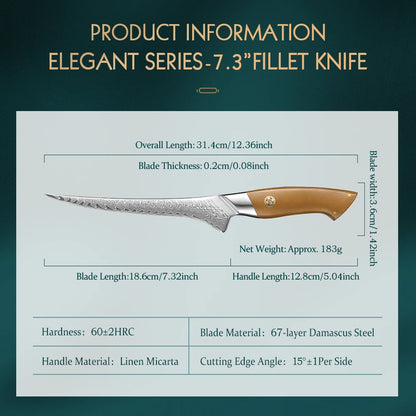 HEZHEN 7.3 Inch Fillet Knife 10Cr15CoMoV Steel Core Damascus Steel Kitchen Knife Cooking Cutlery Kitchen Tools Filleting Knife