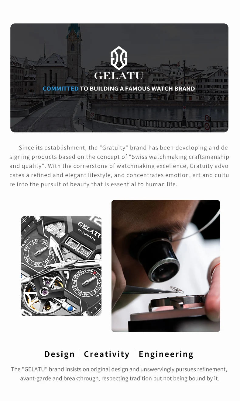 Reloj Hombre Watches Mens GELATU Top Brand Luxury Rose Black Skeleton Tourbillon Automatic Mechanical Watch for Men Waterproof