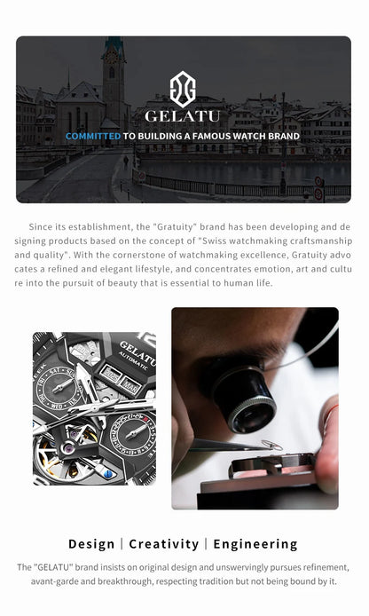 Reloj Hombre Watches Mens GELATU Top Brand Luxury Rose Black Skeleton Tourbillon Automatic Mechanical Watch for Men Waterproof