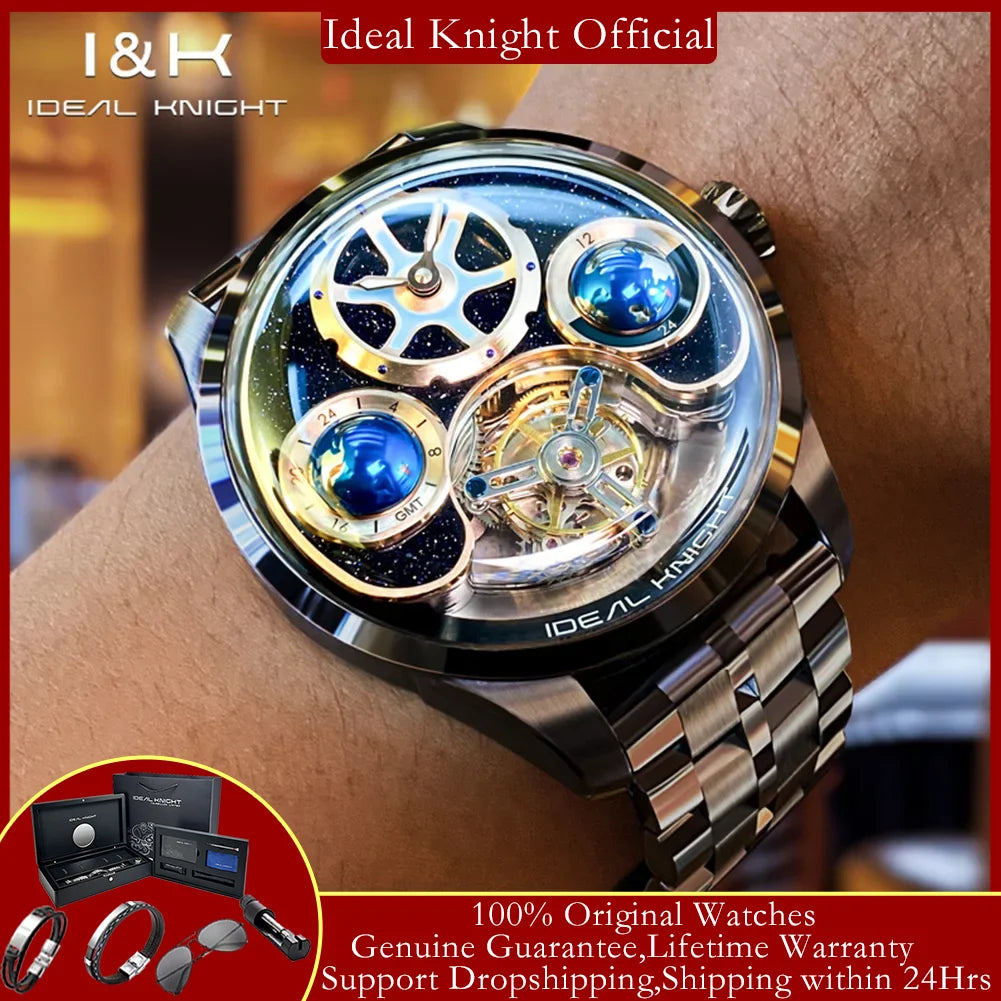 IDEAL KNIGHT 6808 Man Watch Blue Earth Dial Hollow Mechanical Watches For Men Waterproof Tourbillon Men's Automatic Wristwatches