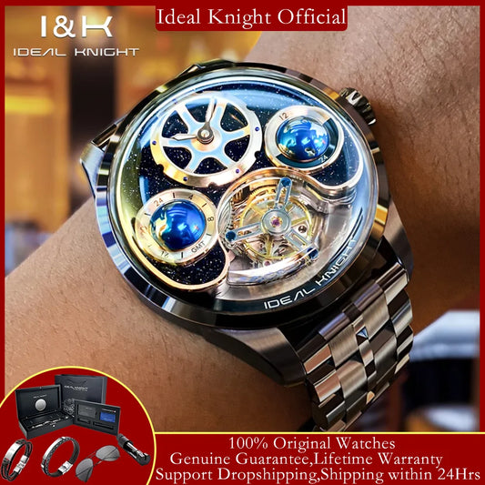 IDEAL KNIGHT 6808 Man Watch Blue Earth Dial Hollow Mechanical Watches For Men Waterproof Tourbillon Men's Automatic Wristwatches