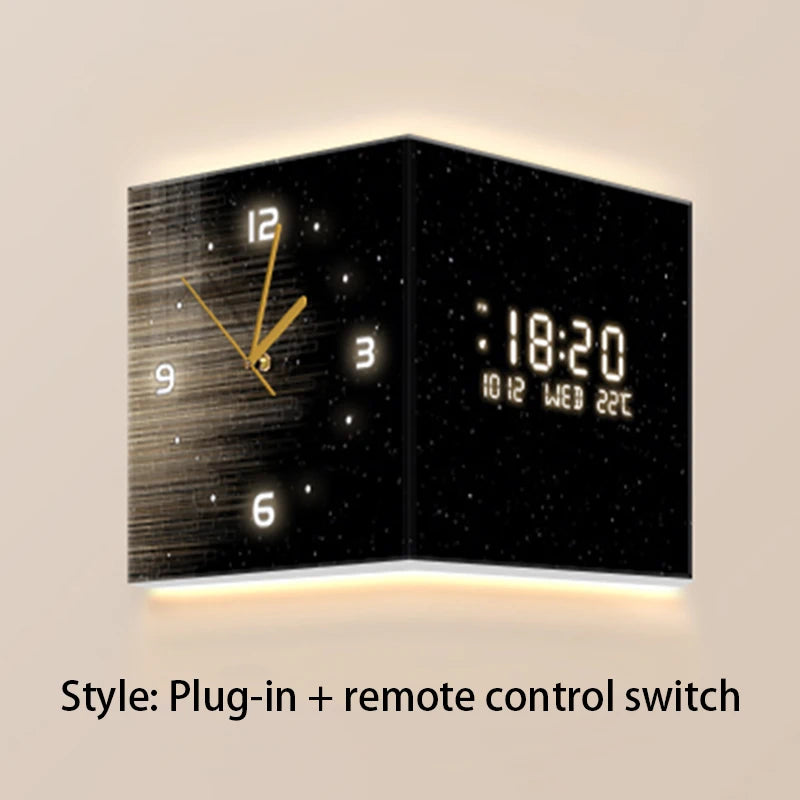 Modern Luxury Luminous Corner Wall Clock | Silent Digital Calendar Clock for Living Room & Bedroom Home Decor