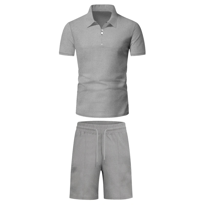 Men's Comfortable Short-Sleeved Waffle Polo Shirt And Shorts Set - Breathable Lightweight Spring/Summer Clothing