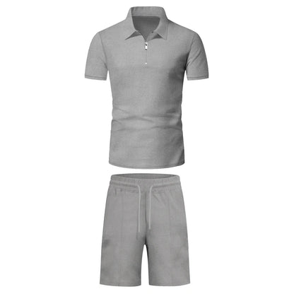 Men's Comfortable Short-Sleeved Waffle Polo Shirt And Shorts Set - Breathable Lightweight Spring/Summer Clothing