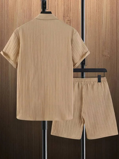 Hot autumn men's striped casual fashion suit shirt and shorts, beach casual suit autumn street wear