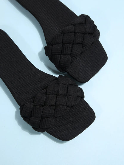 Square-toe Basket-Woven Sandals, Flat Home Slippers