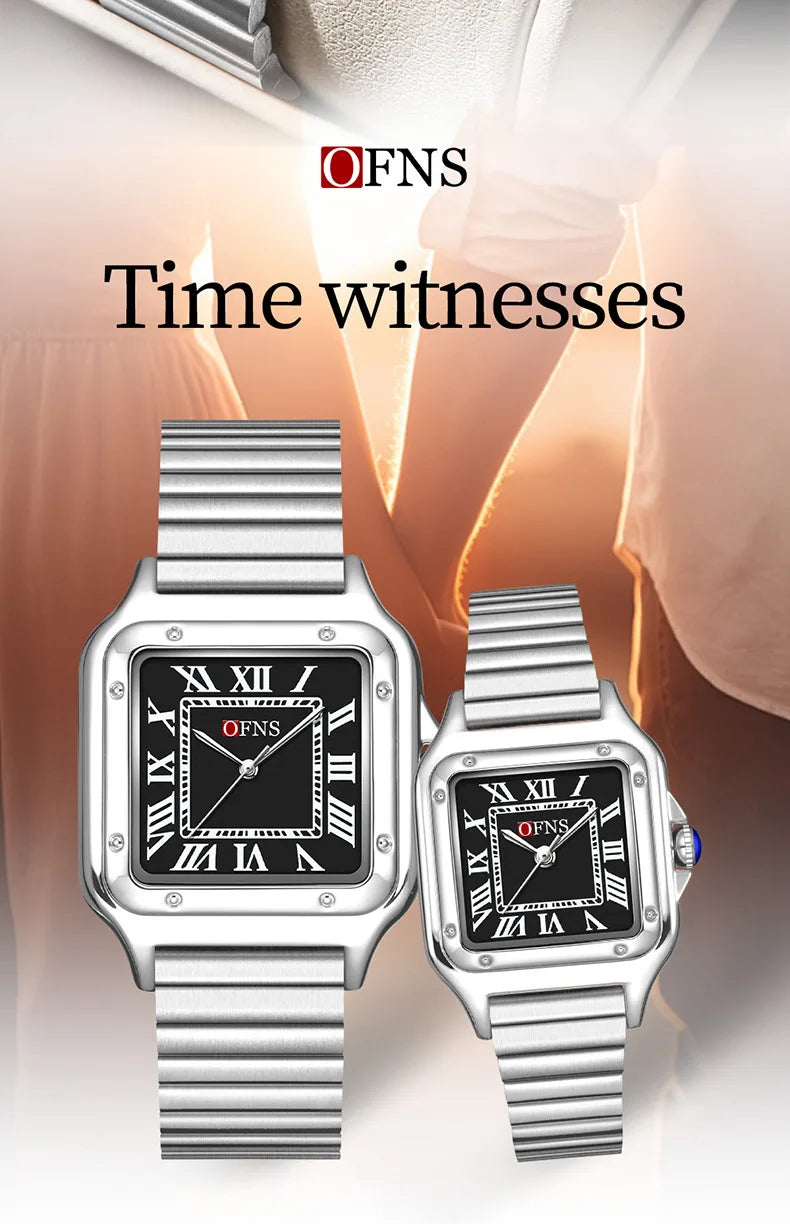 OFNS 2025 New 1516 Square Couple Quartz Watch 3ATM Waterproof Mineral Glass Roman Scale Simple Fashion Watch for Men and Women