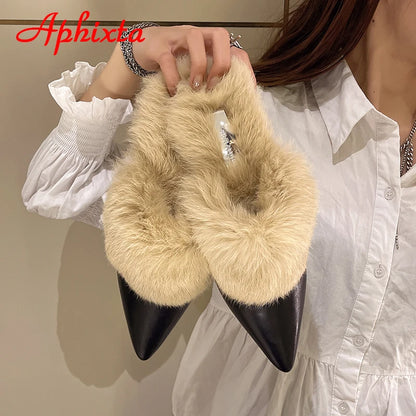 Aphixta New Warm Winter Real Rabbit Fur Plush Women Slippers Birds Furry Plaid Shoes Pointed Toe Flat Heel Hair Slides