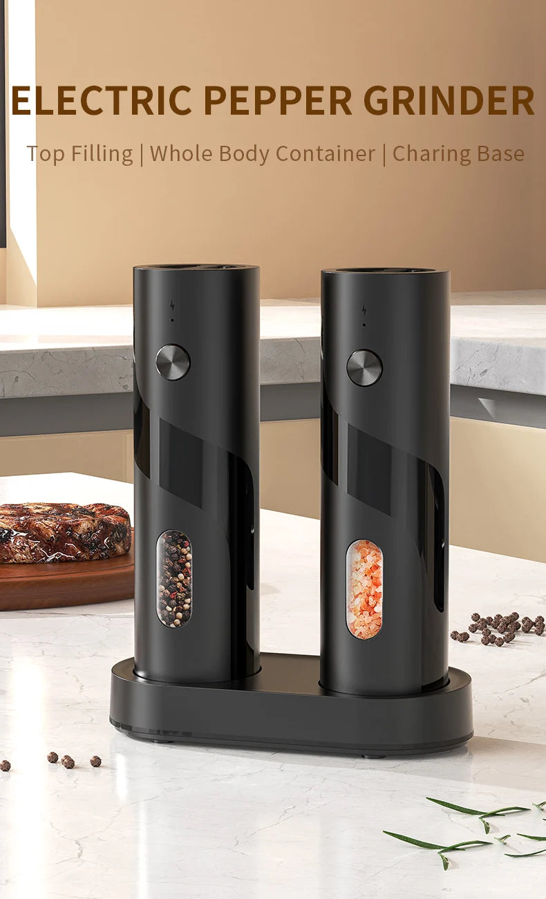 2Pcs/Set USB Rechargeable Automatic Pepper Grinder Salt And Pepper Mill Adjustable Coarseness Spice Grinder with LED for Kitchen
