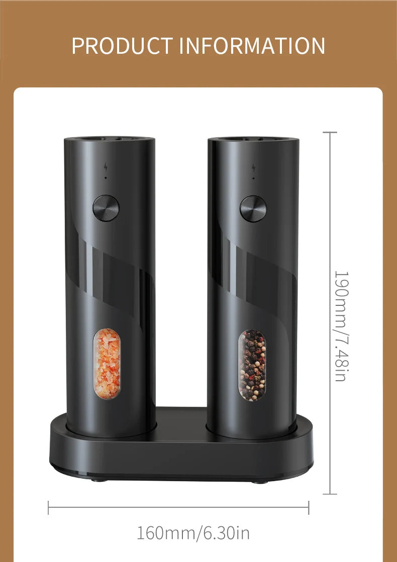 2Pcs/Set USB Rechargeable Automatic Pepper Grinder Salt And Pepper Mill Adjustable Coarseness Spice Grinder with LED for Kitchen