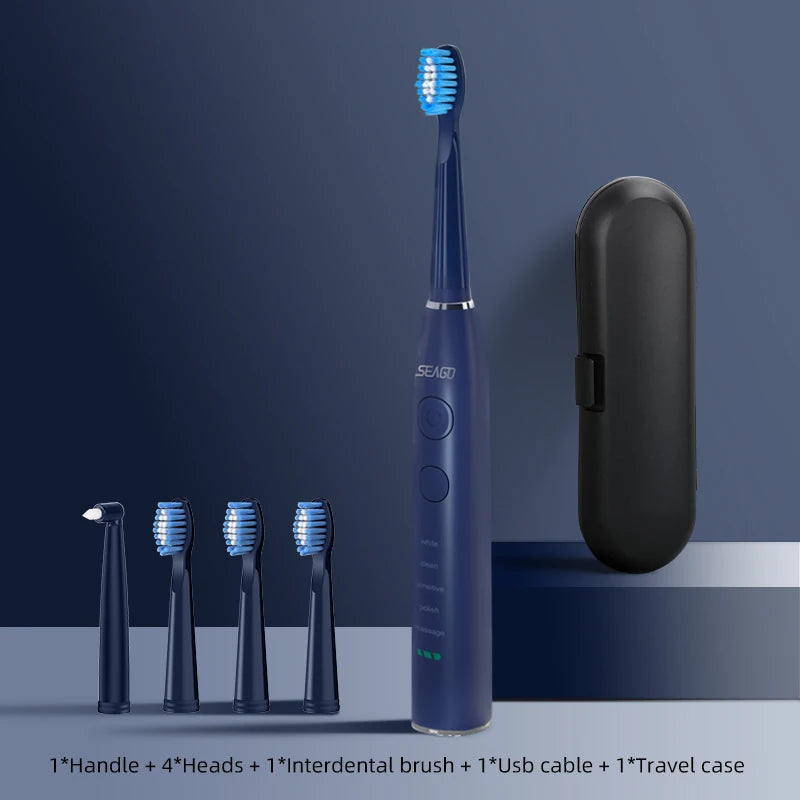 Seago SG-575 Sonic Electric Toothbrush | USB Rechargeable Toothbrush with 360-Day Battery Life, 4 Brush Heads & Travel Box