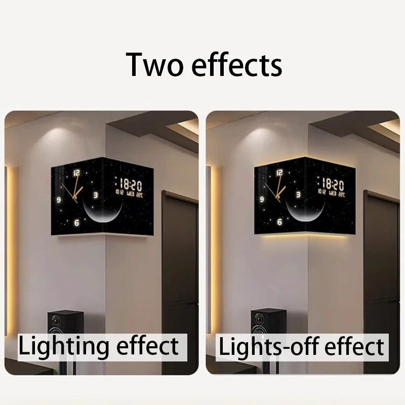 Modern Luxury Luminous Corner Wall Clock | Silent Digital Calendar Clock for Living Room & Bedroom Home Decor