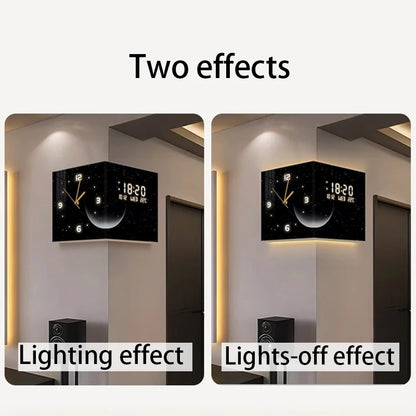 Modern Luxury Luminous Corner Wall Clock | Silent Digital Calendar Clock for Living Room & Bedroom Home Decor