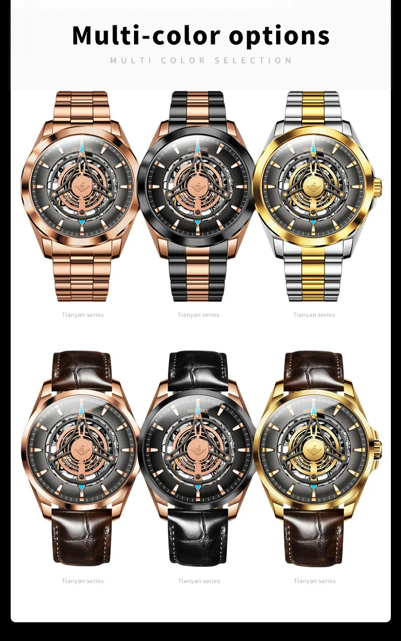 OUPINKE 3206 Automatic Mechanical Watch for Men Hollow 40mm Dial Original Hand Clock Synthetic Sapphire Mirror Leather Man Watch