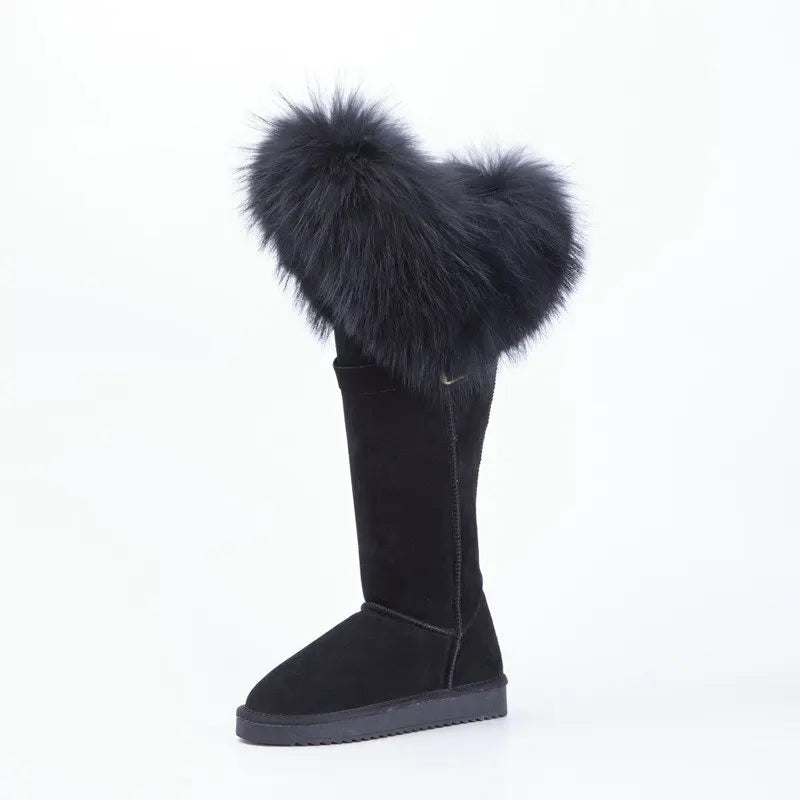 Winter Natural Fox Fur Long Boots Winter Fur Black Genuine Leather Snow Boots Knee- High Boots Waterproof Flat Raccoon Fur Boot