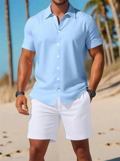 Summer Men's Solid Color Short Sleeve Shirt Set Lapel Button Front Shirt T Shirt Athletic Casual Shorts Set Hawaii Vacation Wear