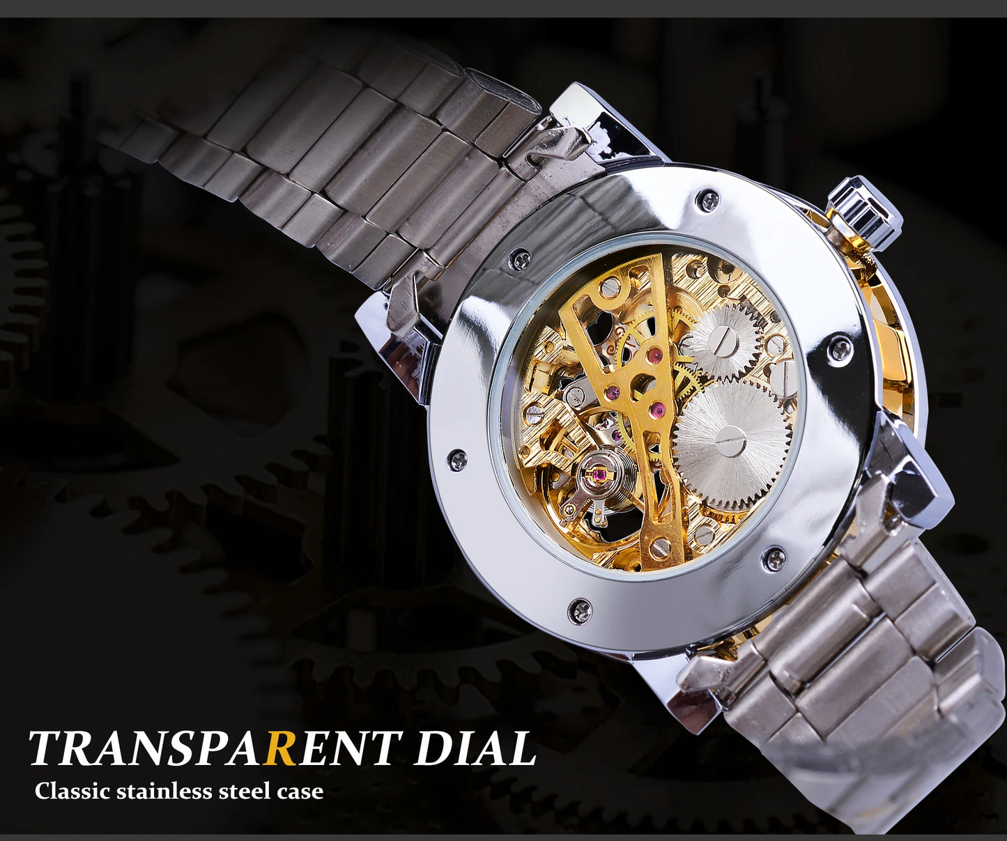 Winner Transparent Fashion Diamond Luminous Gear Movement Royal Design Men Top Brand Luxury Male Mechanical Skeleton Wrist Watch