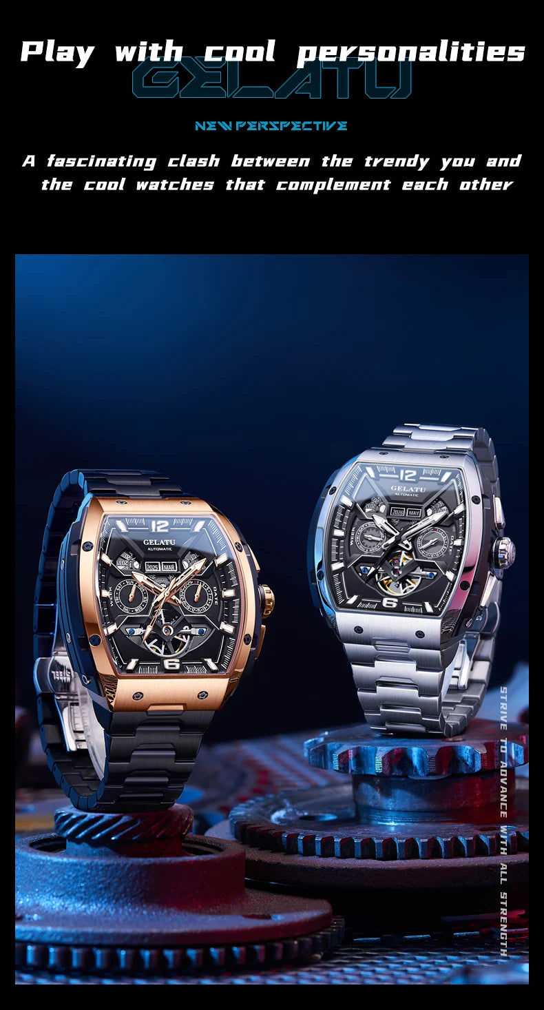 Reloj Hombre Watches Mens GELATU Top Brand Luxury Rose Black Skeleton Tourbillon Automatic Mechanical Watch for Men Waterproof