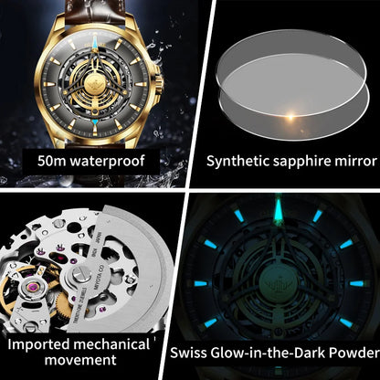 OUPINKE 3206 Automatic Mechanical Watch for Men Hollow 40mm Dial Original Hand Clock Synthetic Sapphire Mirror Leather Man Watch