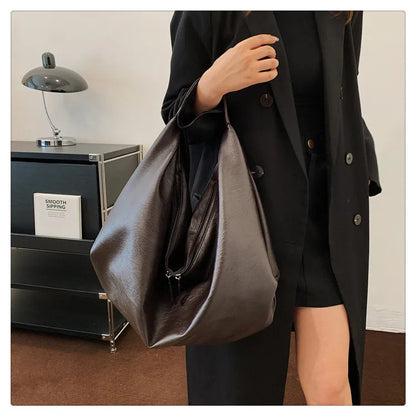 Big Black Shoulder Bags for Women Large Hobo Shopper Bag Solid Color Quality Soft Leather Crossbody Handbag Lady Travel Tote Bag