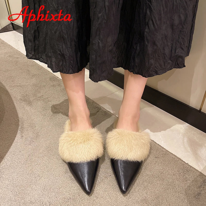 Aphixta New Warm Winter Real Rabbit Fur Plush Women Slippers Birds Furry Plaid Shoes Pointed Toe Flat Heel Hair Slides