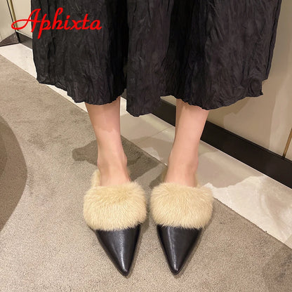 Aphixta New Warm Winter Real Rabbit Fur Plush Women Slippers Birds Furry Plaid Shoes Pointed Toe Flat Heel Hair Slides
